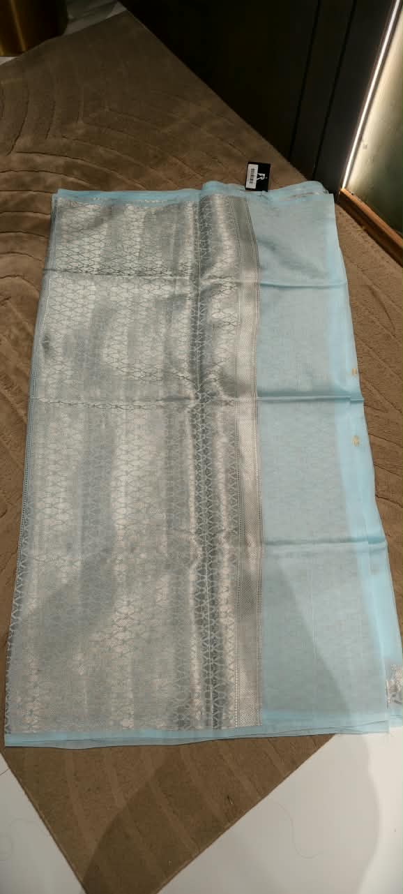 Moonga Muslin Banarasi Silk Saree with Traditional Gold Zari Brocade and Floral Bootis- 16542
