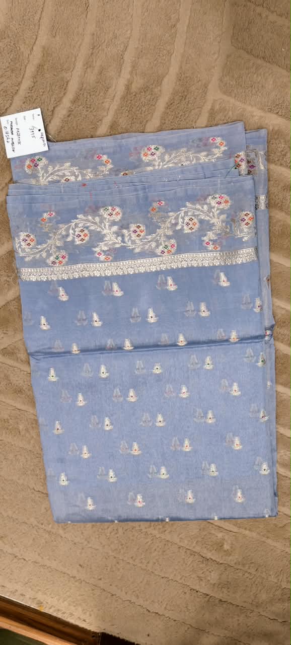 Handcrafted Moonga Muslin Banarasi Saree Featuring Vibrant Meenakari Floral Bootis and Rich Zari Weave- 16542