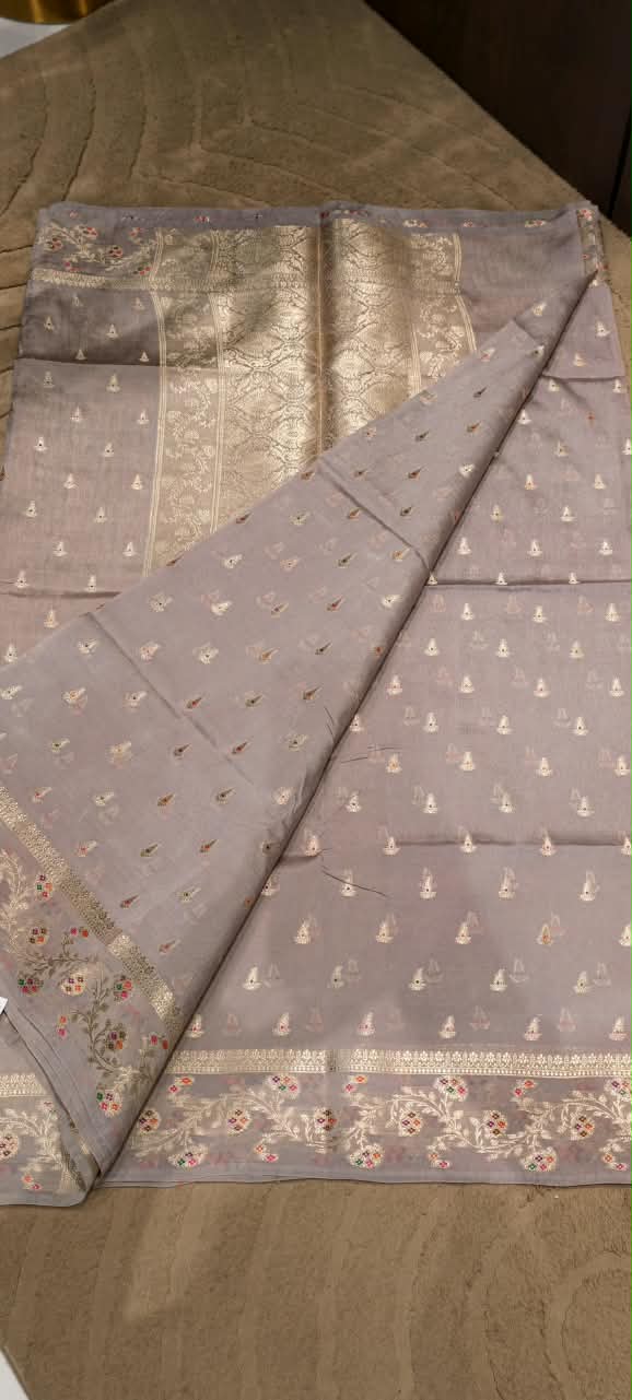 Handcrafted Moonga Muslin Banarasi Saree Featuring Vibrant Meenakari Floral Bootis and Rich Zari Weave- 16542