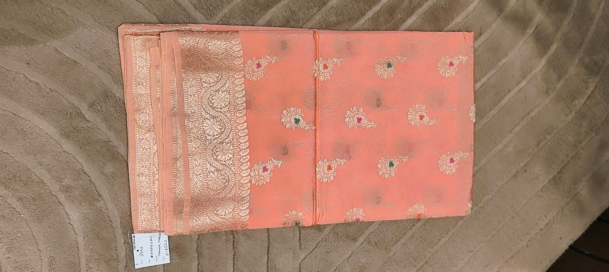 Exquisite Moonga Muslin Banarasi Saree with Intricate Silver-Gold Zari Floral Motifs- 16542
