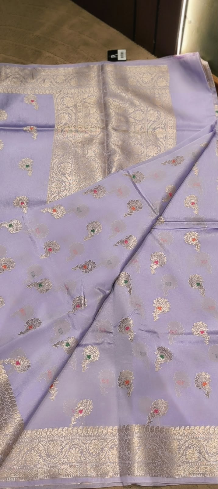 Exquisite Moonga Muslin Banarasi Saree with Intricate Silver-Gold Zari Floral Motifs- 16542