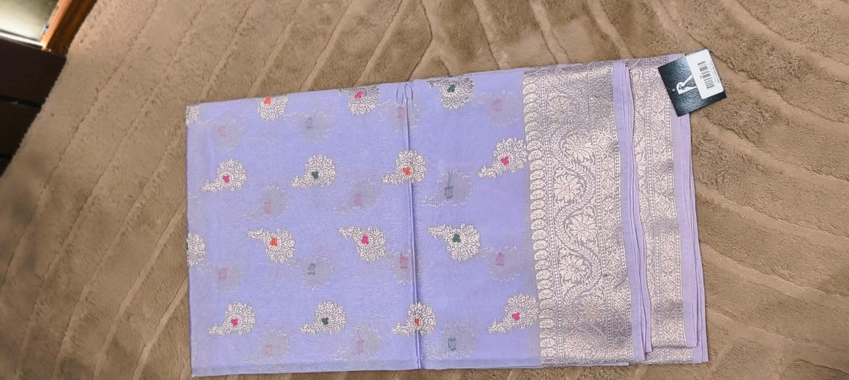 Exquisite Moonga Muslin Banarasi Saree with Intricate Silver-Gold Zari Floral Motifs- 16542