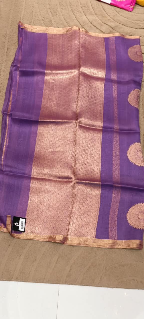 Designer Pure Kora Handloom Banarasi Saree with Striking Circular Mandala and Stripe Patterns- 16545