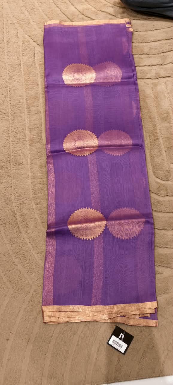 Designer Pure Kora Handloom Banarasi Saree with Striking Circular Mandala and Stripe Patterns- 16545