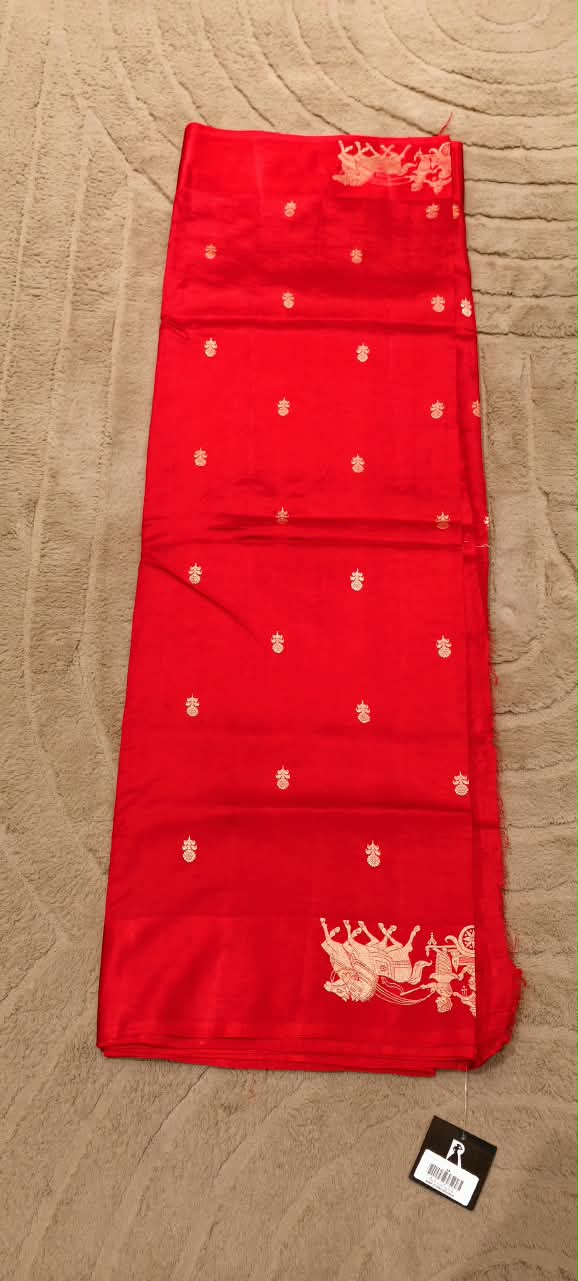 Pure Banarasi Katan Silk Unstitched Saree with Golden Royal Chariot & Bird Motifs- 16544