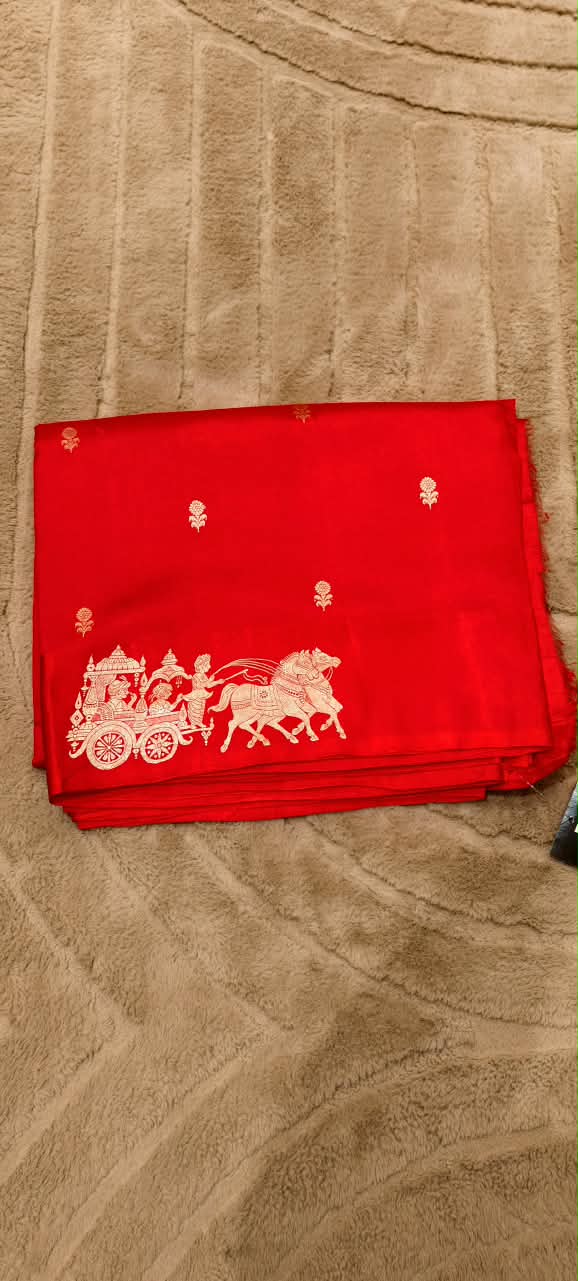 Pure Banarasi Katan Silk Unstitched Saree with Golden Royal Chariot & Bird Motifs- 16544