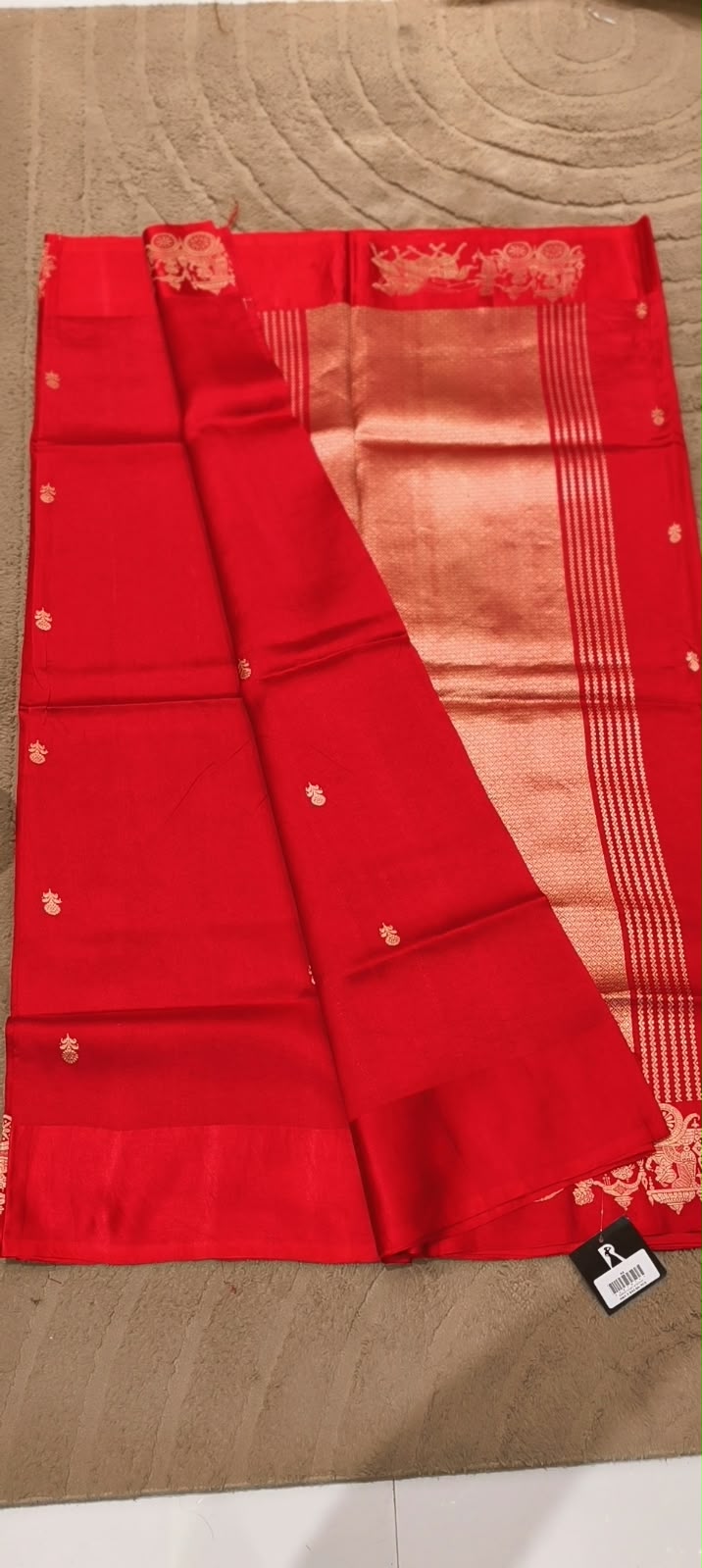 Pure Banarasi Katan Silk Unstitched Saree with Golden Royal Chariot & Bird Motifs- 16544