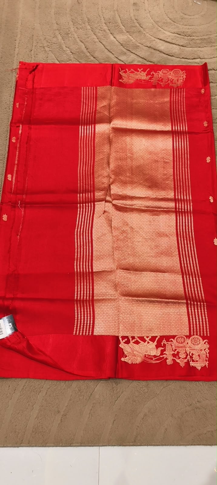 Pure Banarasi Katan Silk Unstitched Saree with Golden Royal Chariot & Bird Motifs- 16544