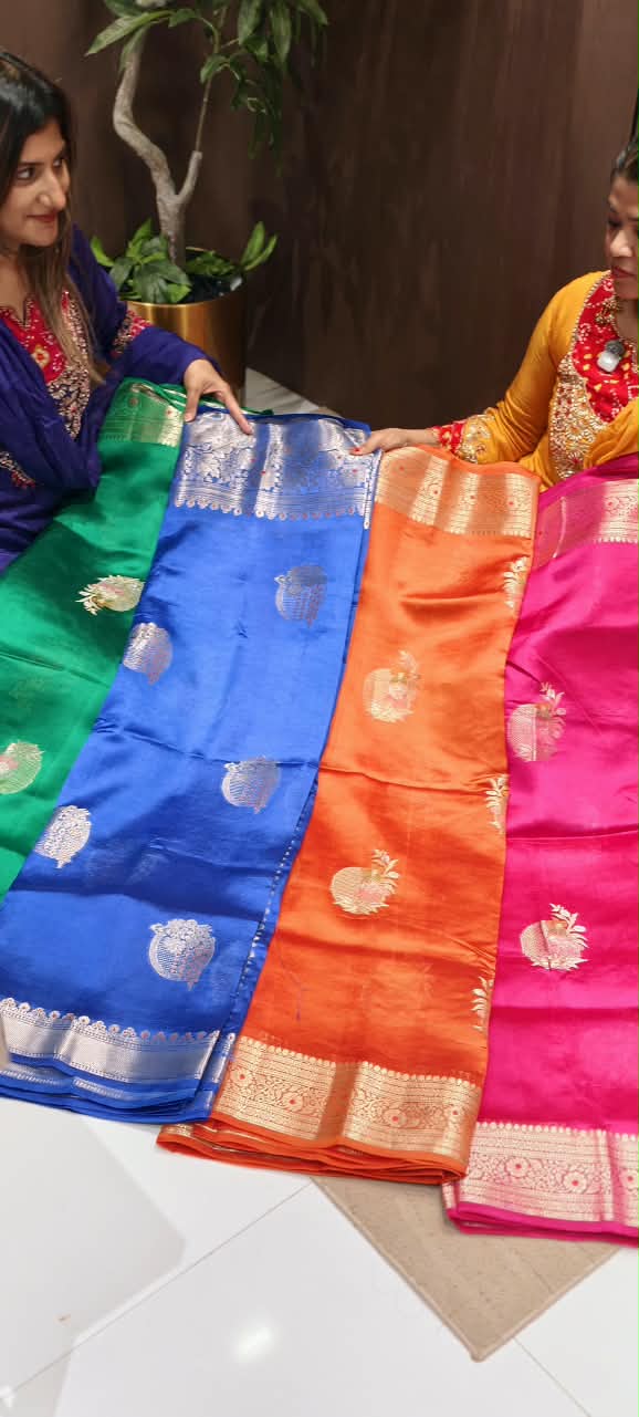 Pure Raw Silk Royal Gold Zari Floral Motifs Unstitched Vibrant Saree- 16543