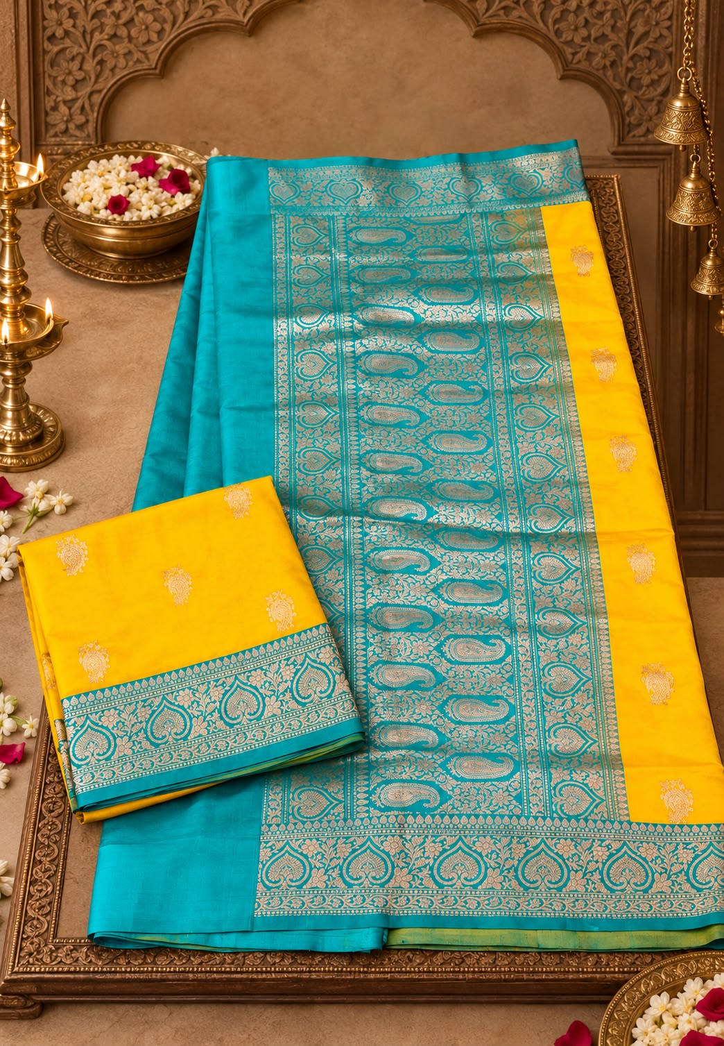 Vibrant Pure Katan Banarasi Handloom Dual-Tone Unstitched Saree with Elaborate Paisley Zari Border- 16547