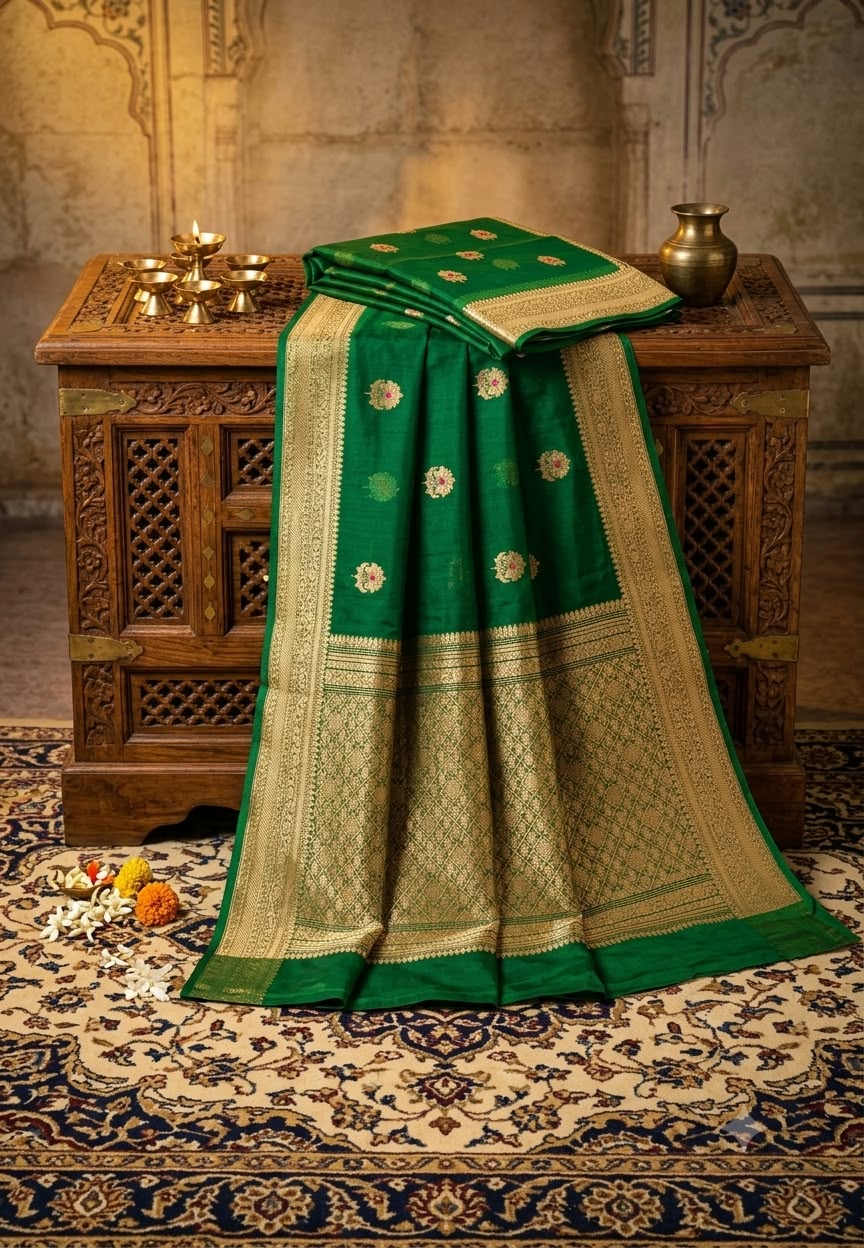Traditional Kora Handloom Banarasi Saree with Classic Zari Bootis and Grand Woven Border- 16546