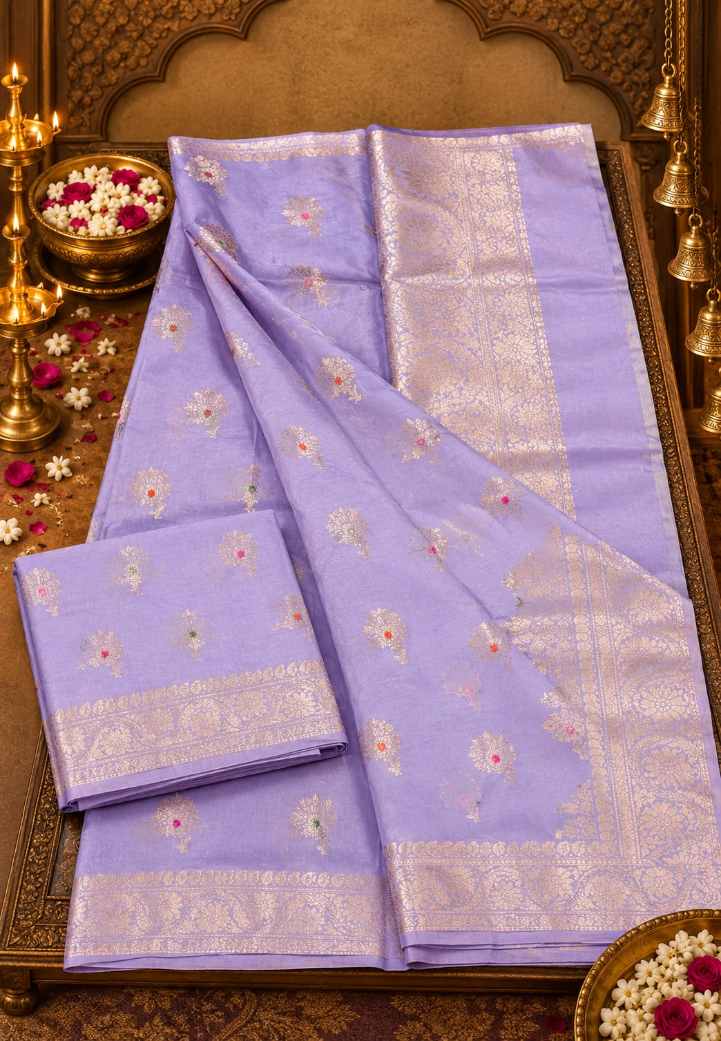 Exquisite Moonga Muslin Banarasi Saree with Intricate Silver-Gold Zari Floral Motifs- 16542