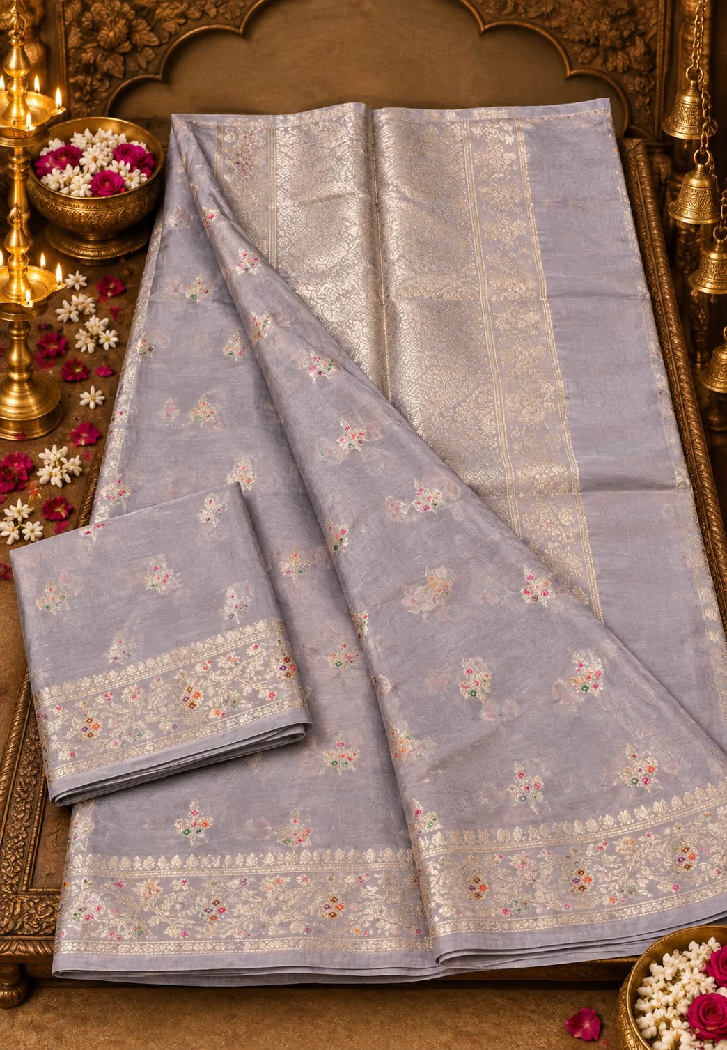 Handcrafted Moonga Muslin Banarasi Saree Featuring Vibrant Meenakari Floral Bootis and Rich Zari Weave- 16542