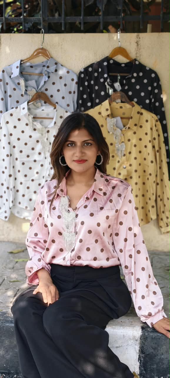 Heart Shaped Syroski Stone Batch Hang Retro Polka Dotted Imported Shirt- 16181