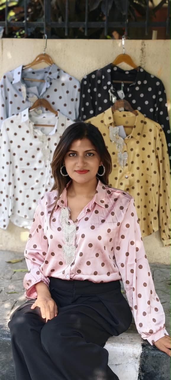 Heart Shaped Syroski Stone Batch Hang Retro Polka Dotted Imported Shirt- 16181