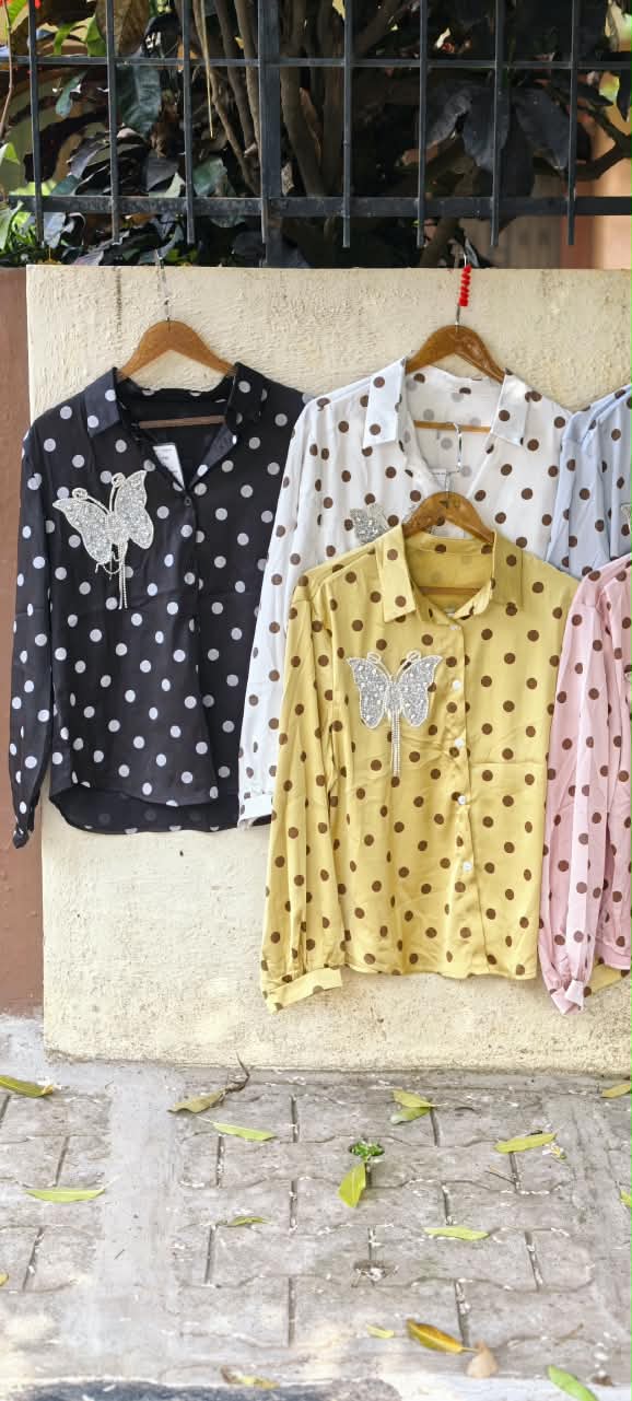 Butterfly Shaped Syroski Stone Batch Hang Retro Polka Dotted Imported Shirt- 16181