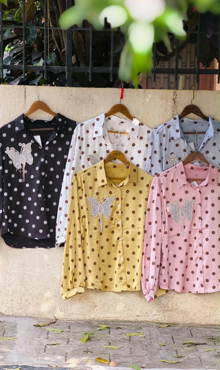 Butterfly Shaped Syroski Stone Batch Hang Retro Polka Dotted Imported Shirt- 16181