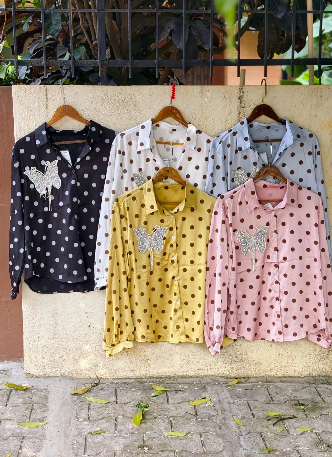Butterfly Shaped Syroski Stone Batch Hang Retro Polka Dotted Imported Shirt- 16181