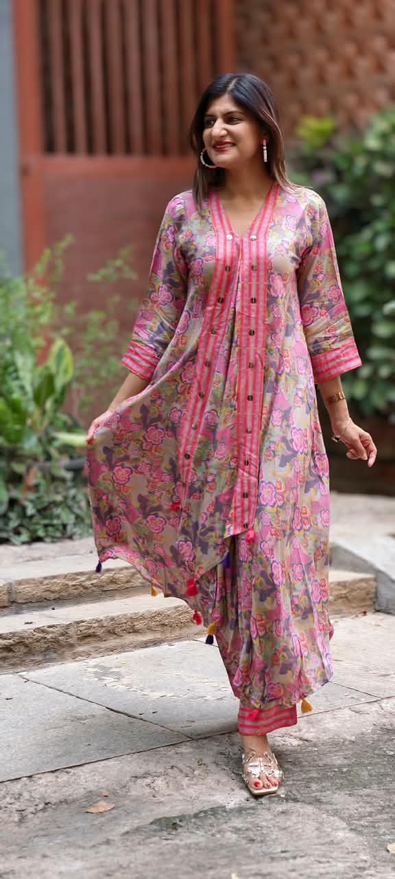 Cheerful Floral Blossom Flap Style Flared Multicolor Kurta With Matching Loose Bottom- 16573