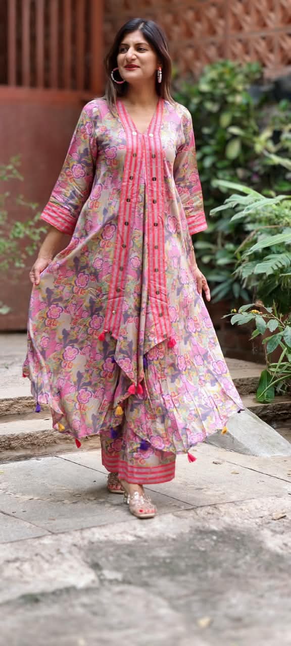 Cheerful Floral Blossom Flap Style Flared Multicolor Kurta With Matching Loose Bottom- 16573