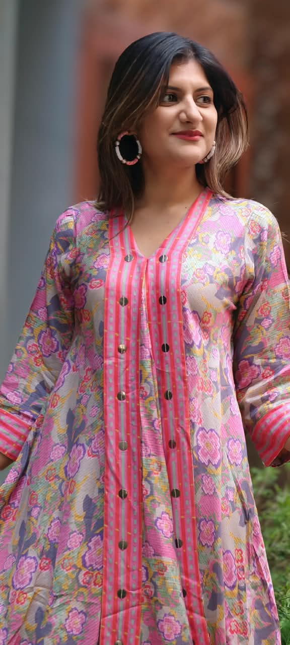 Cheerful Floral Blossom Flap Style Flared Multicolor Kurta With Matching Loose Bottom- 16573