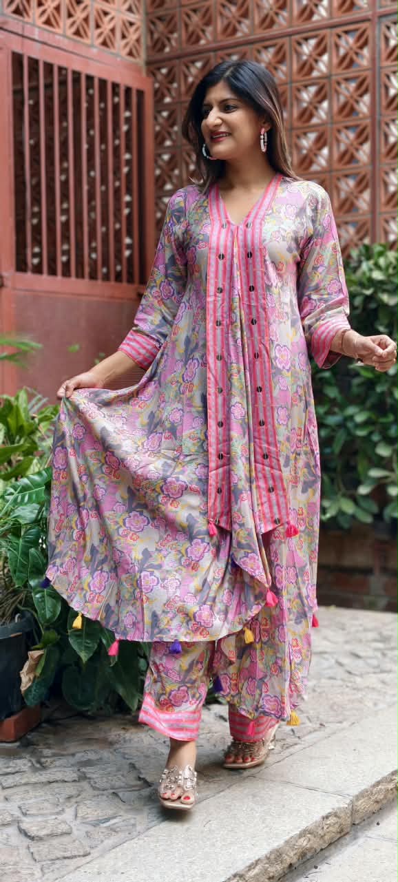 Cheerful Floral Blossom Flap Style Flared Multicolor Kurta With Matching Loose Bottom- 16573