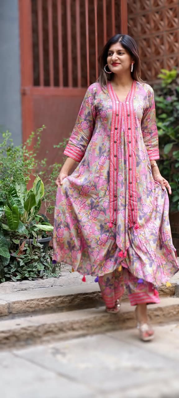 Cheerful Floral Blossom Flap Style Flared Multicolor Kurta With Matching Loose Bottom- 16573