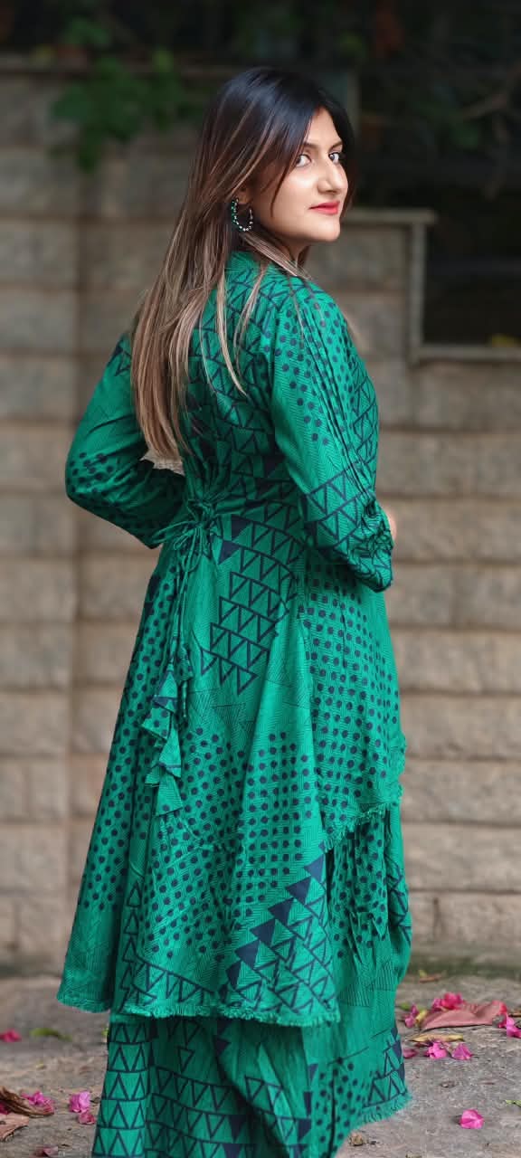Stunning Geometric Print Cotton Kurta Pant Look Attached Indo-Wear With Threaded Neck Piece- 16572