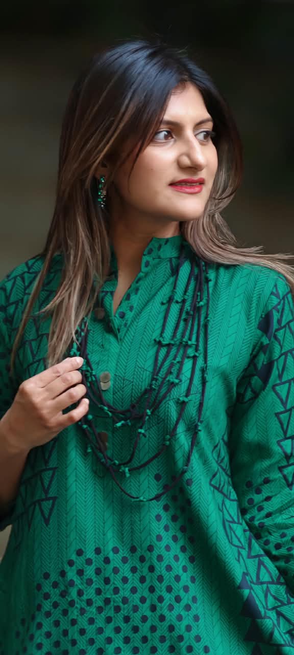 Stunning Geometric Print Cotton Kurta Pant Look Attached Indo-Wear With Threaded Neck Piece- 16572
