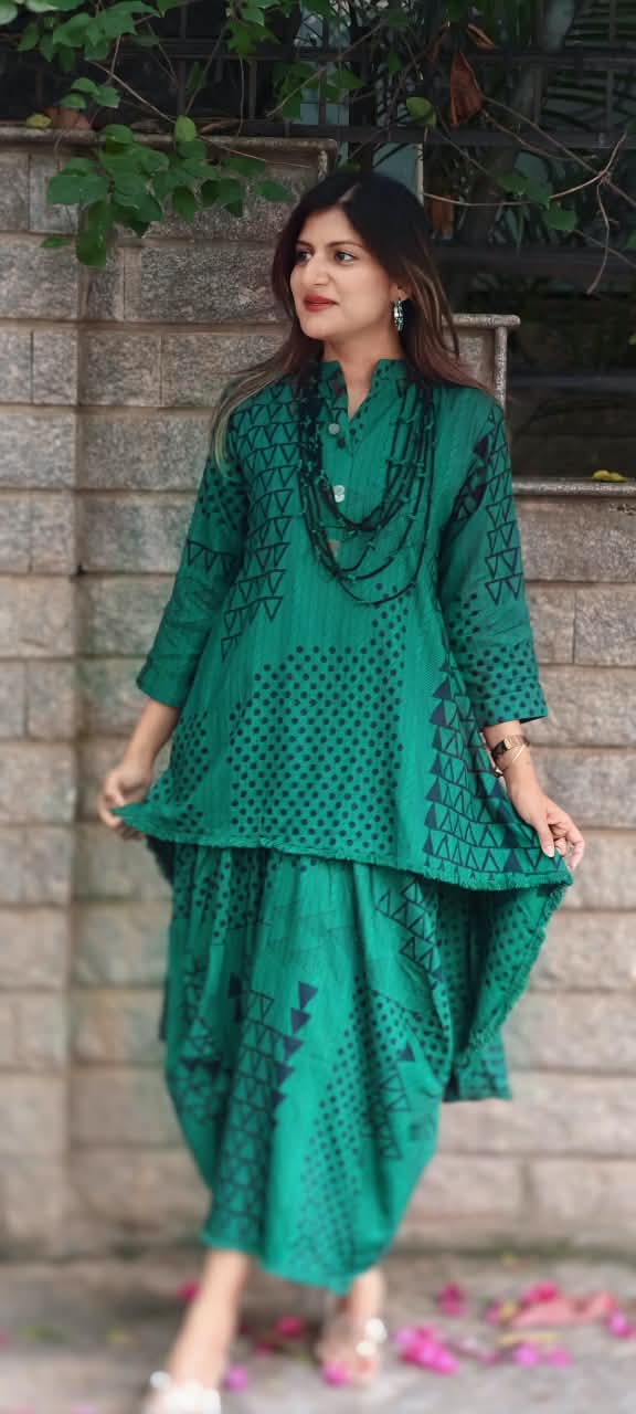 Stunning Geometric Print Cotton Kurta Pant Look Attached Indo-Wear With Threaded Neck Piece- 16572
