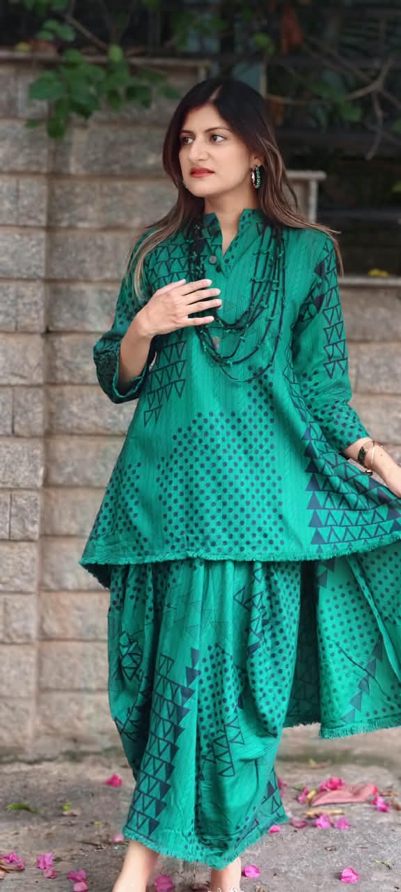 Stunning Geometric Print Cotton Kurta Pant Look Attached Indo-Wear With Threaded Neck Piece- 16572