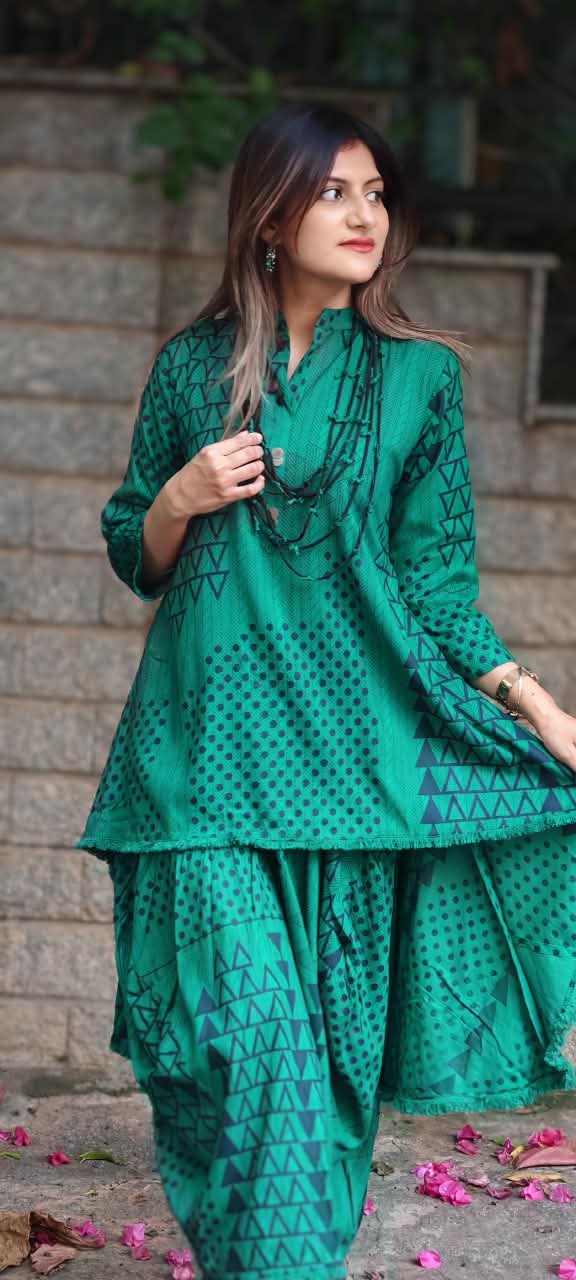 Stunning Geometric Print Cotton Kurta Pant Look Attached Indo-Wear With Threaded Neck Piece- 16572