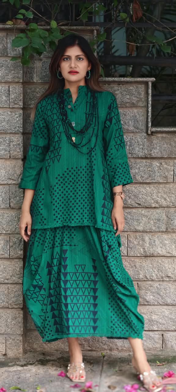 Stunning Geometric Print Cotton Kurta Pant Look Attached Indo-Wear With Threaded Neck Piece- 16572