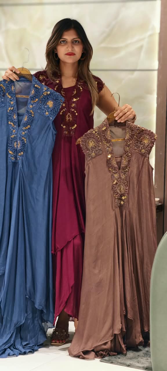 Floral Popped Sequin With Beaded Work Over Shoudler & Neckline Solid Chinon Indo Wear With Inner- 16538