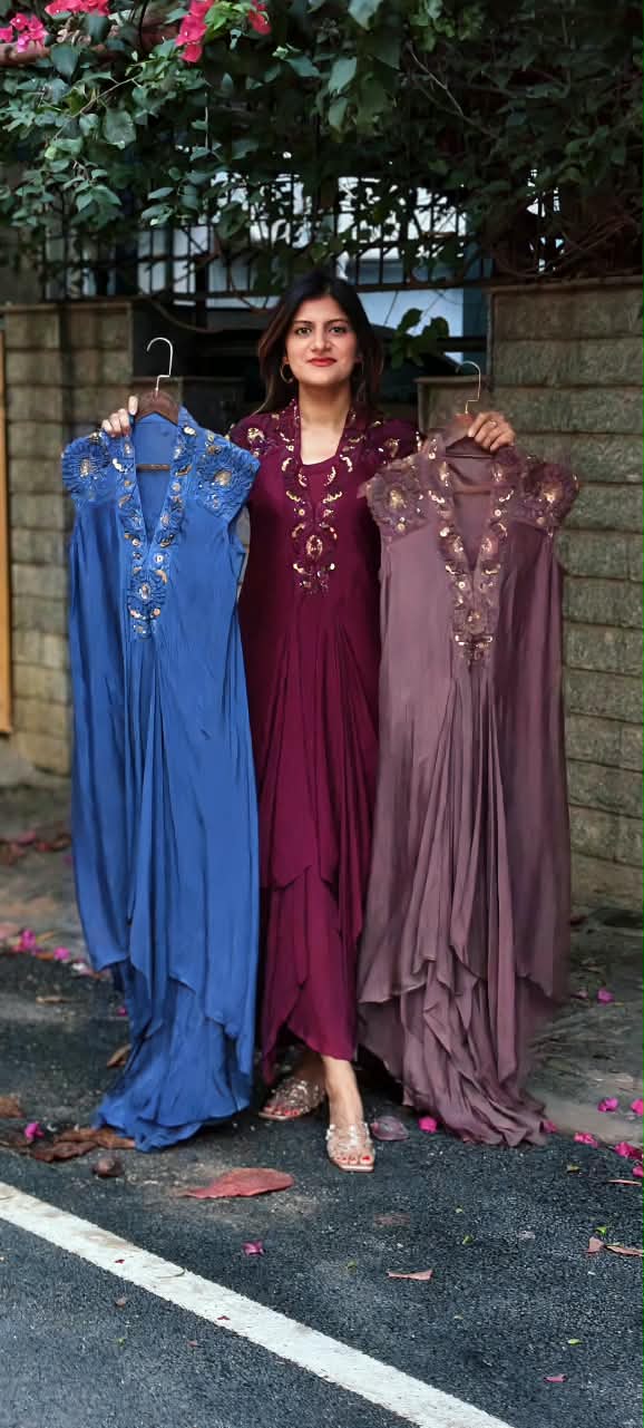 Floral Popped Sequin With Beaded Work Over Shoudler & Neckline Solid Chinon Indo Wear With Inner- 16538