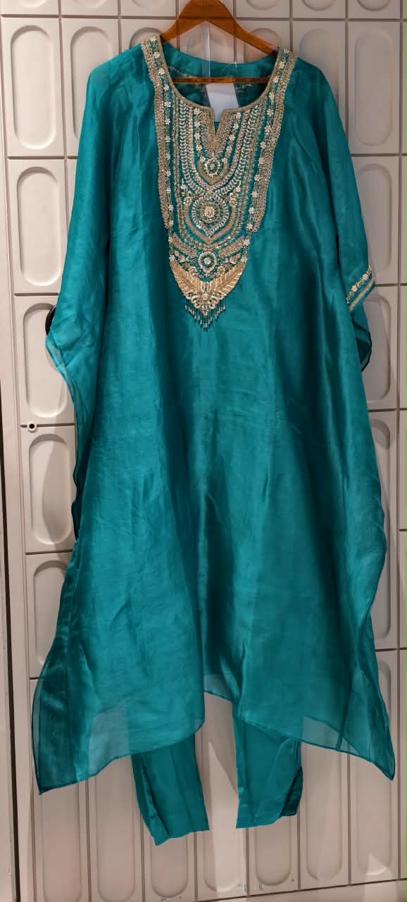 Dabka Zardosi Embroidered Crystal Accented Turquoise Grace Kaftan With Matching Bottom- 16627