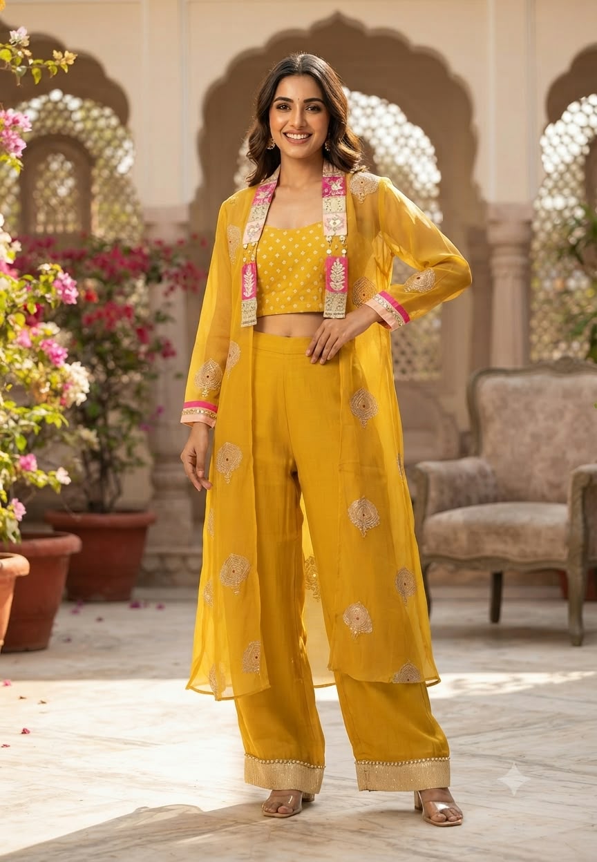 Festive Chich Pop-Out Color Embroidery Detailing Outer With Bustier & Loose Matching Bottom In Mul-Chanderi Fabric- 16597