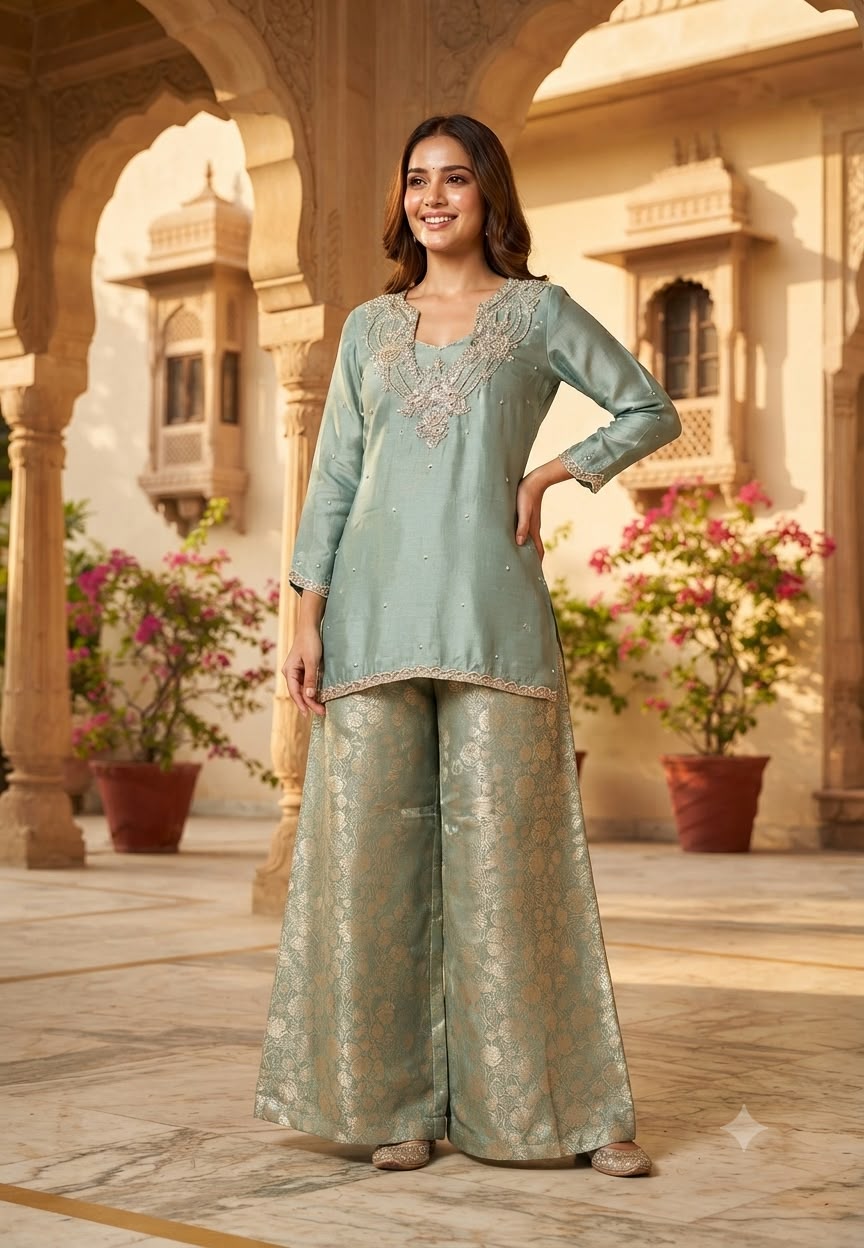 Gotta Beaded Jewel Look Embroidery Bustier Oraganza Kurta With Matching Brocade Loose Bottom- 16582