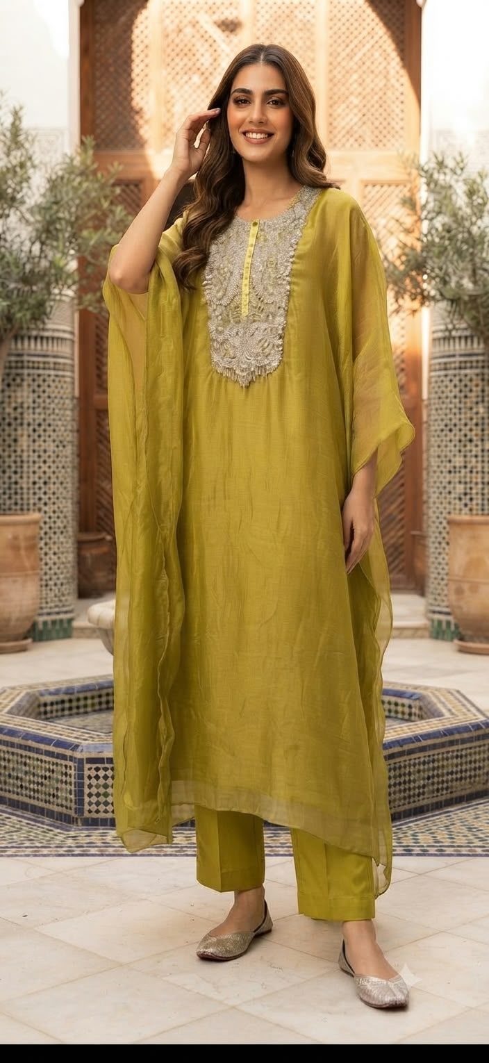 Pure Tissue Butter Shine Dabka Hand Embroidery Yoke Kaftan With Matching Bottom- 16621