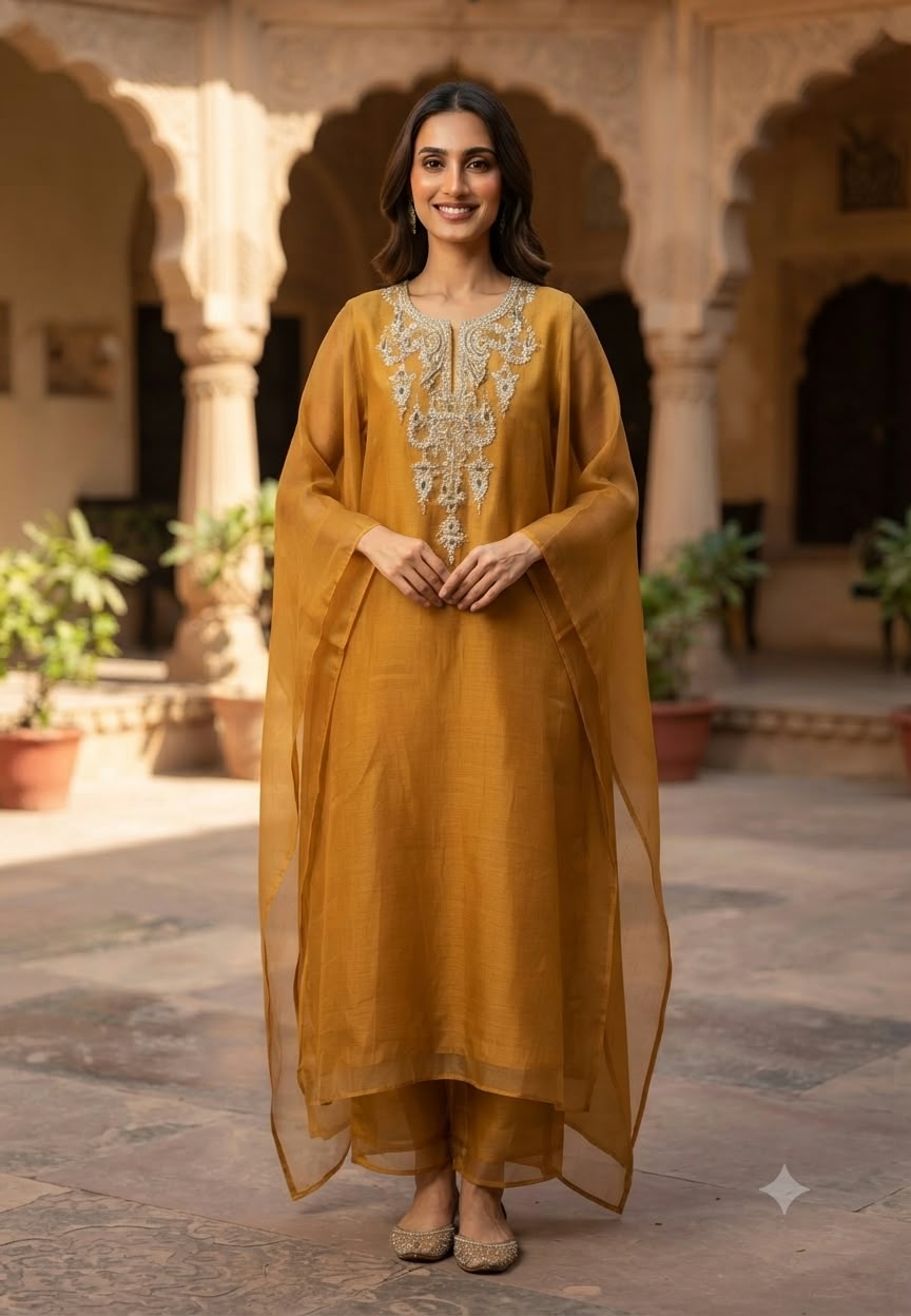 Tissue Elegance Premium Hand Embroidery Yoke Party Wear Kaftan With Matching Bottom- 16620