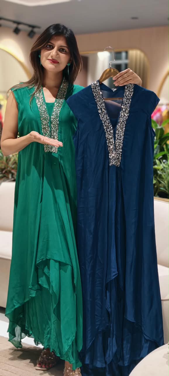 Elegant Cut-Dana V-Neckline Short Sleeve Inner Style Solid Indo-Wear In Chinon Fabric- 16540