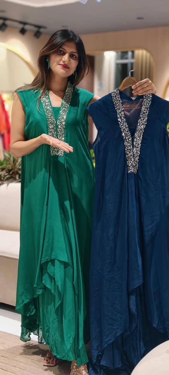 Elegant Cut-Dana V-Neckline Short Sleeve Inner Style Solid Indo-Wear In Chinon Fabric- 16540