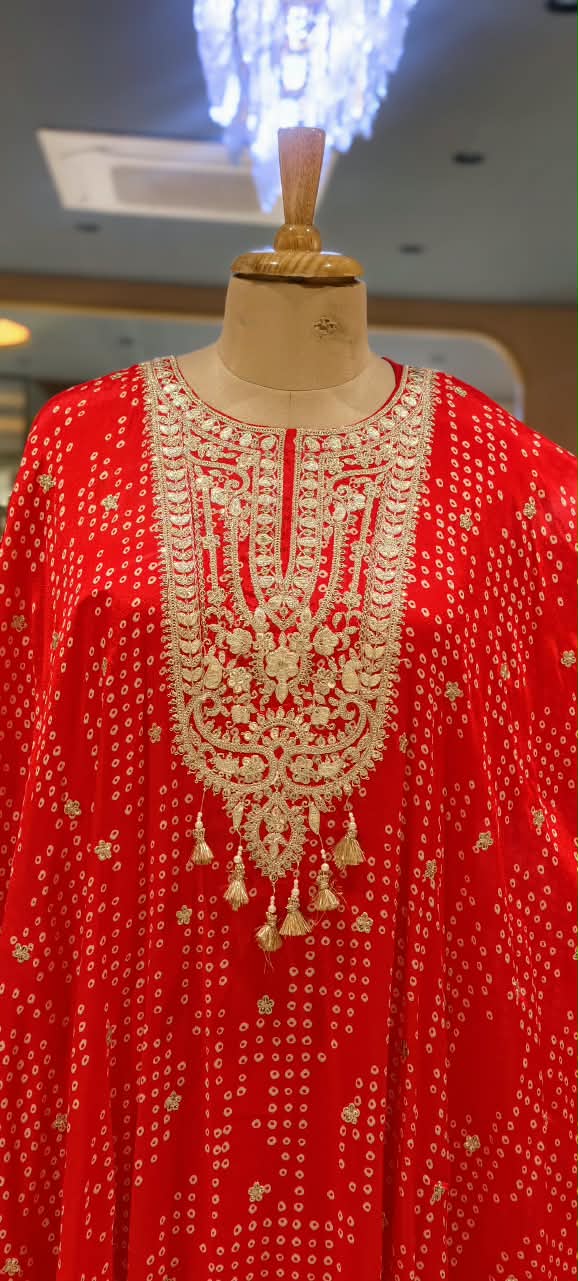 Bandhani Printed Kaftan Featuring Intricate Gota & Thread Embroidered Yoke With Matching Bottom- 16599