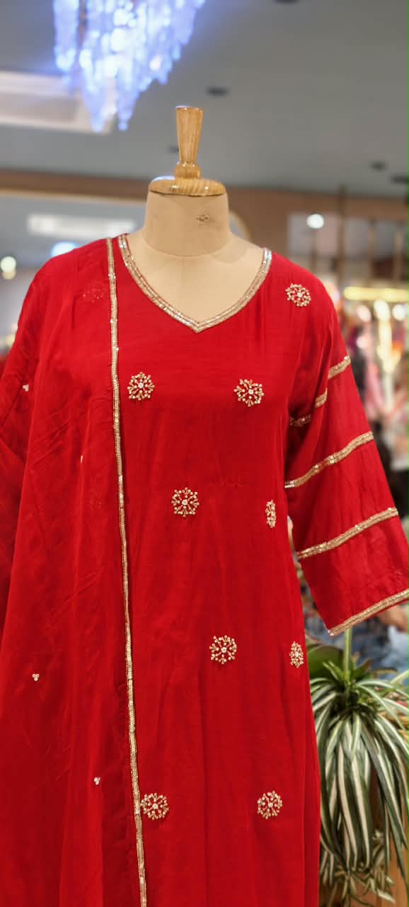 Crimson Red A-Line Full Suit Set with Floral Booti Sequins Work & Embroidered V-Neckline- 16587