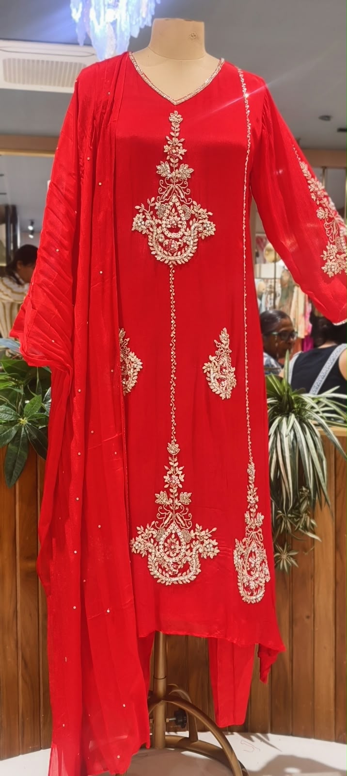 Red Chinon Kalidar A-Line Full Suit Set Featuring Vertical Embroidered Panels & Paisley Motif Work- 16569