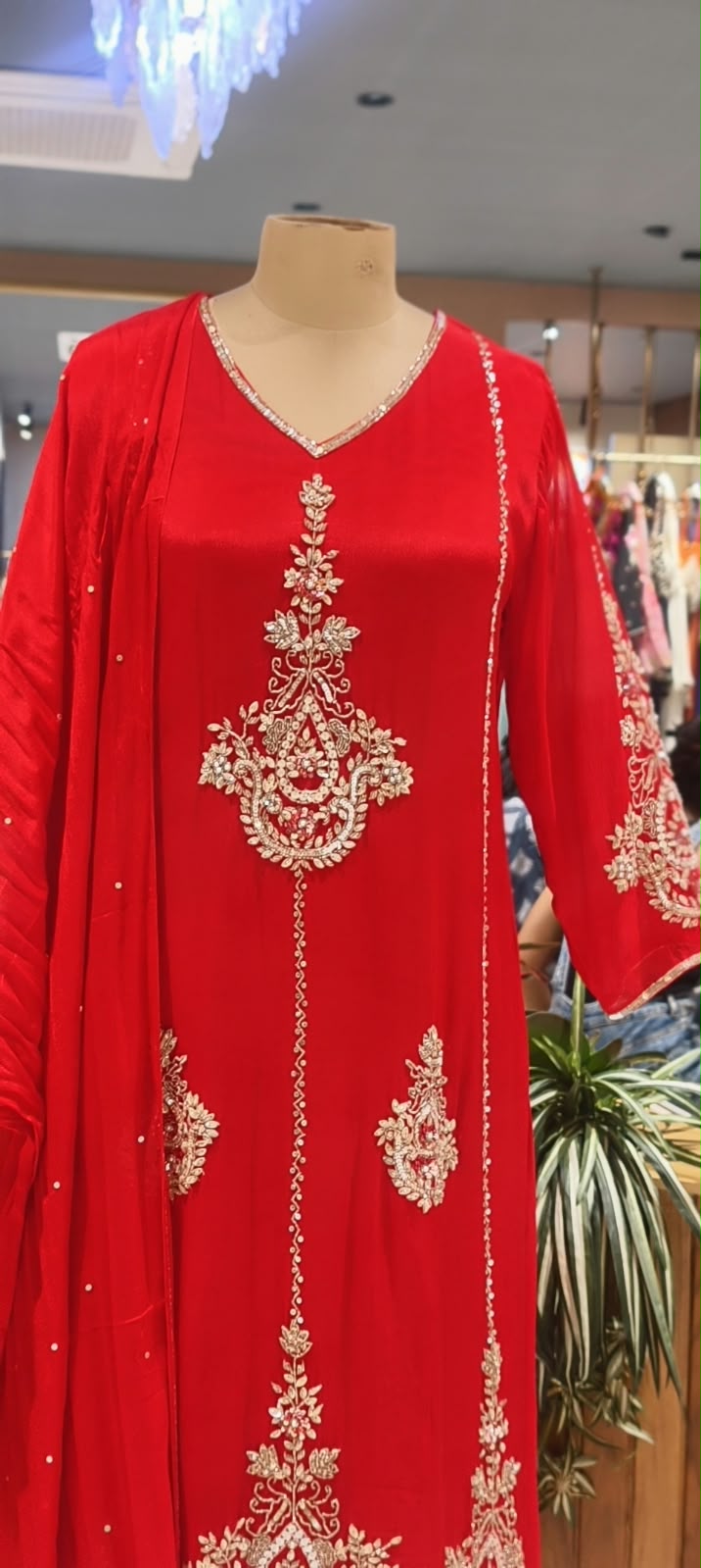 Red Chinon Kalidar A-Line Full Suit Set Featuring Vertical Embroidered Panels & Paisley Motif Work- 16569
