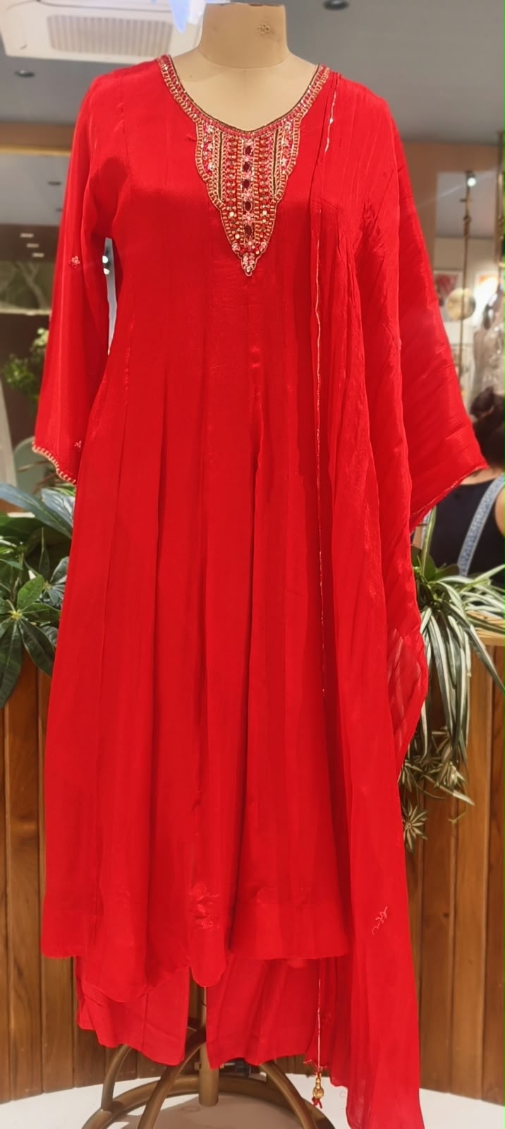 Fiery Red Panel Anarkali Suit Set with Intricate Mirror Work & Thread Embroidered Neckline- 16441