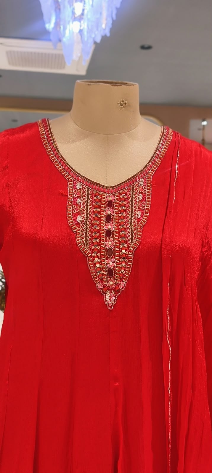 Fiery Red Panel Anarkali Suit Set with Intricate Mirror Work & Thread Embroidered Neckline- 16441