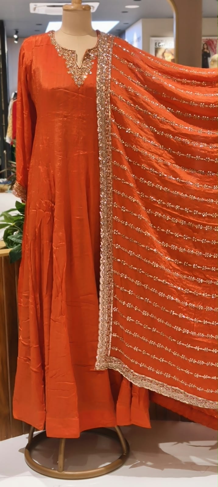 Vibrant Red Georgette Anarkali Full Suit Set with Zardozi Embroidered Neckline & Heavy Hand-Embellished Border Dupatta- 16629