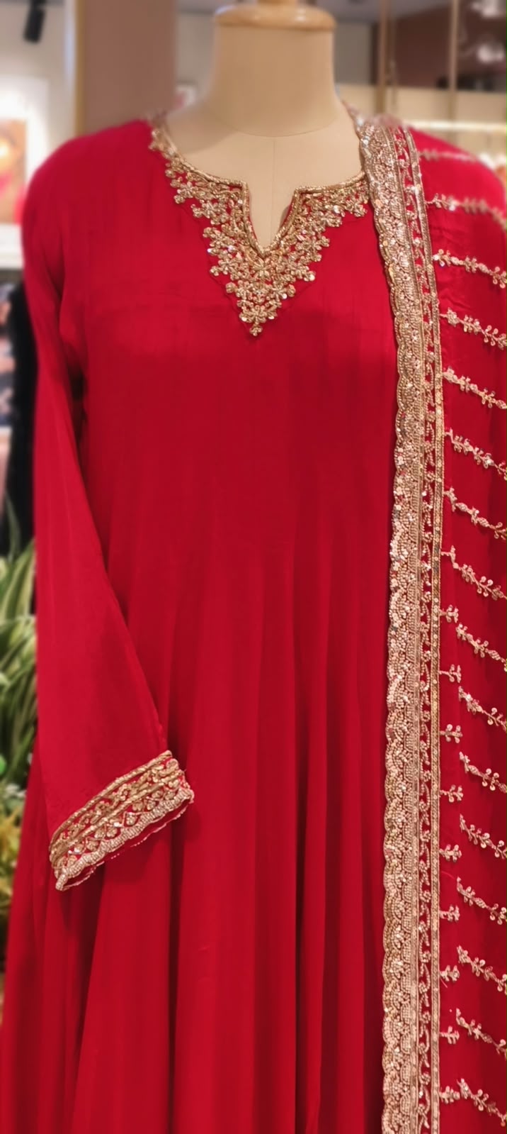 Vibrant Red Georgette Anarkali Full Suit Set with Zardozi Embroidered Neckline & Heavy Hand-Embellished Border Dupatta- 16629